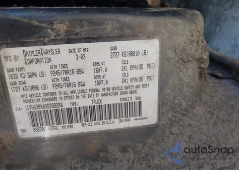 2003 Dodge Dakota Sport/Sxt из США, поврежденный, VIN 1D7HG38X03S289266